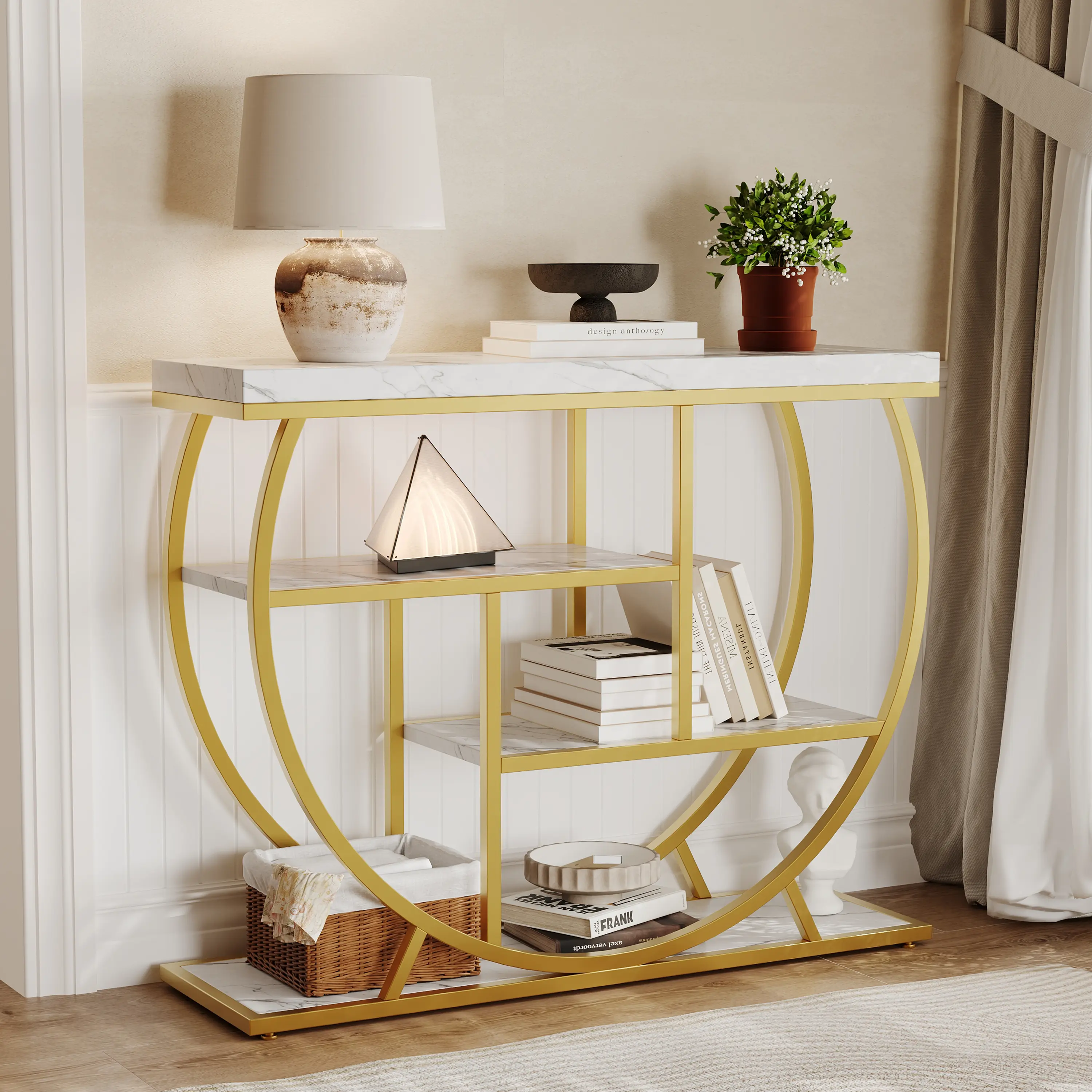 39" Industrial Entryway Table, 4-Tier Console Table Sofa Table with Half-Circle Metal Frame, Metal Frame Narrow Entryway Table for Living Room