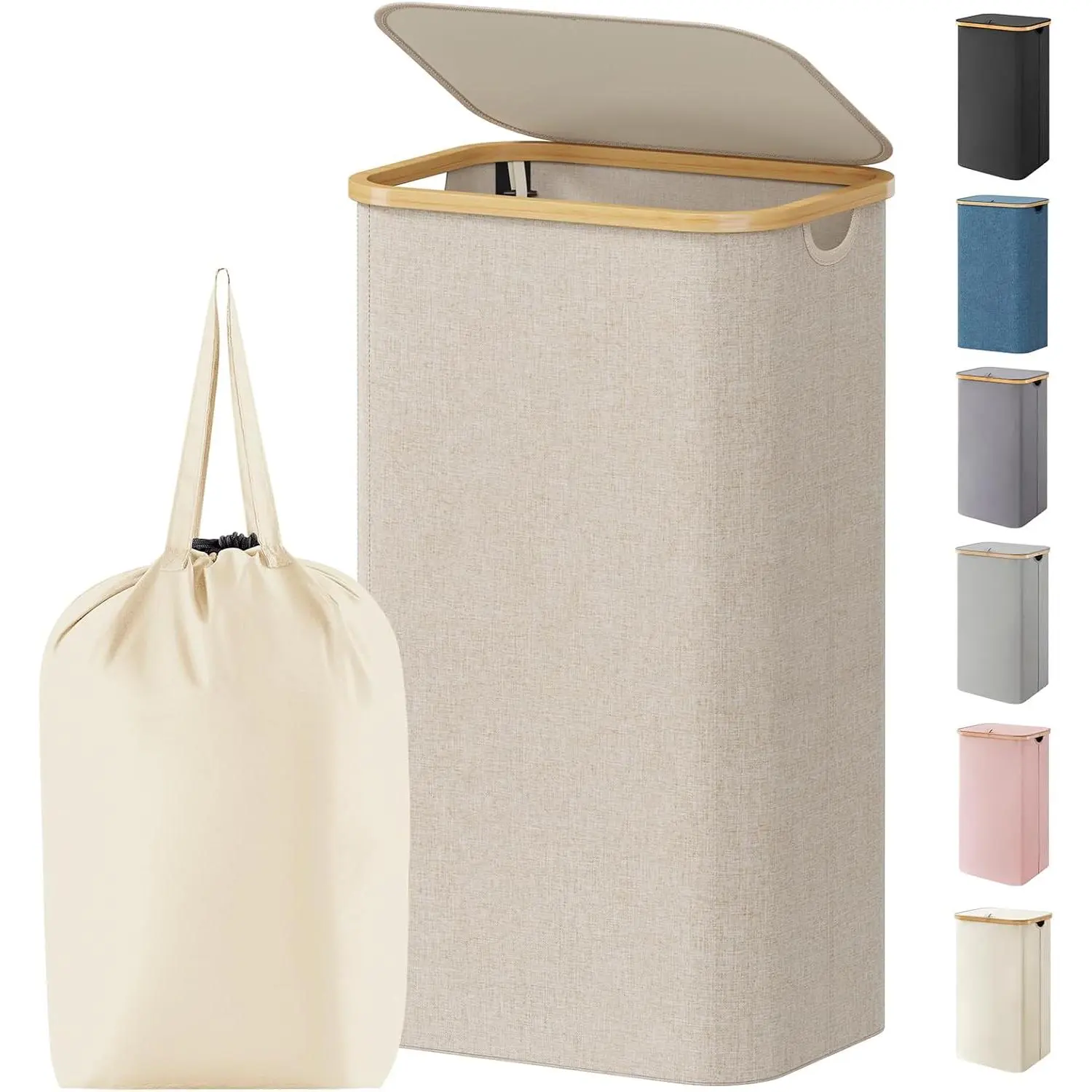 100L Laundry Basket Lid, Clothes Hampers for Laundry Bamboo Handles and 1 Removable Bag, Large Foldable Laundry Hamper for Bedroom, Bathroom, Dorm, Laundry Room, Beige
