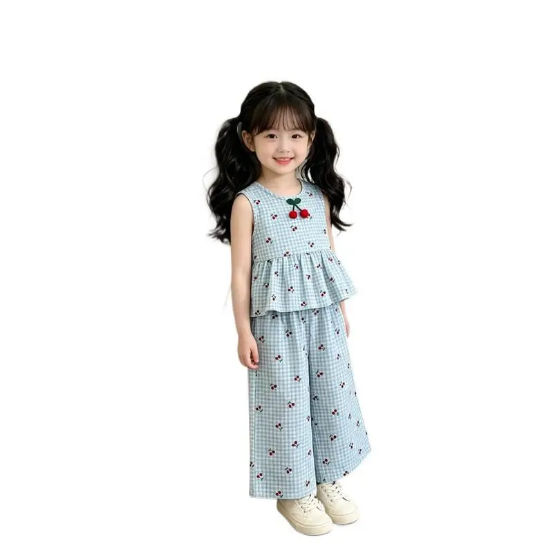 Girls' summer set 2026 new children's cherry print sleeveless vest shorts two-piece set summer mosquito proof pants