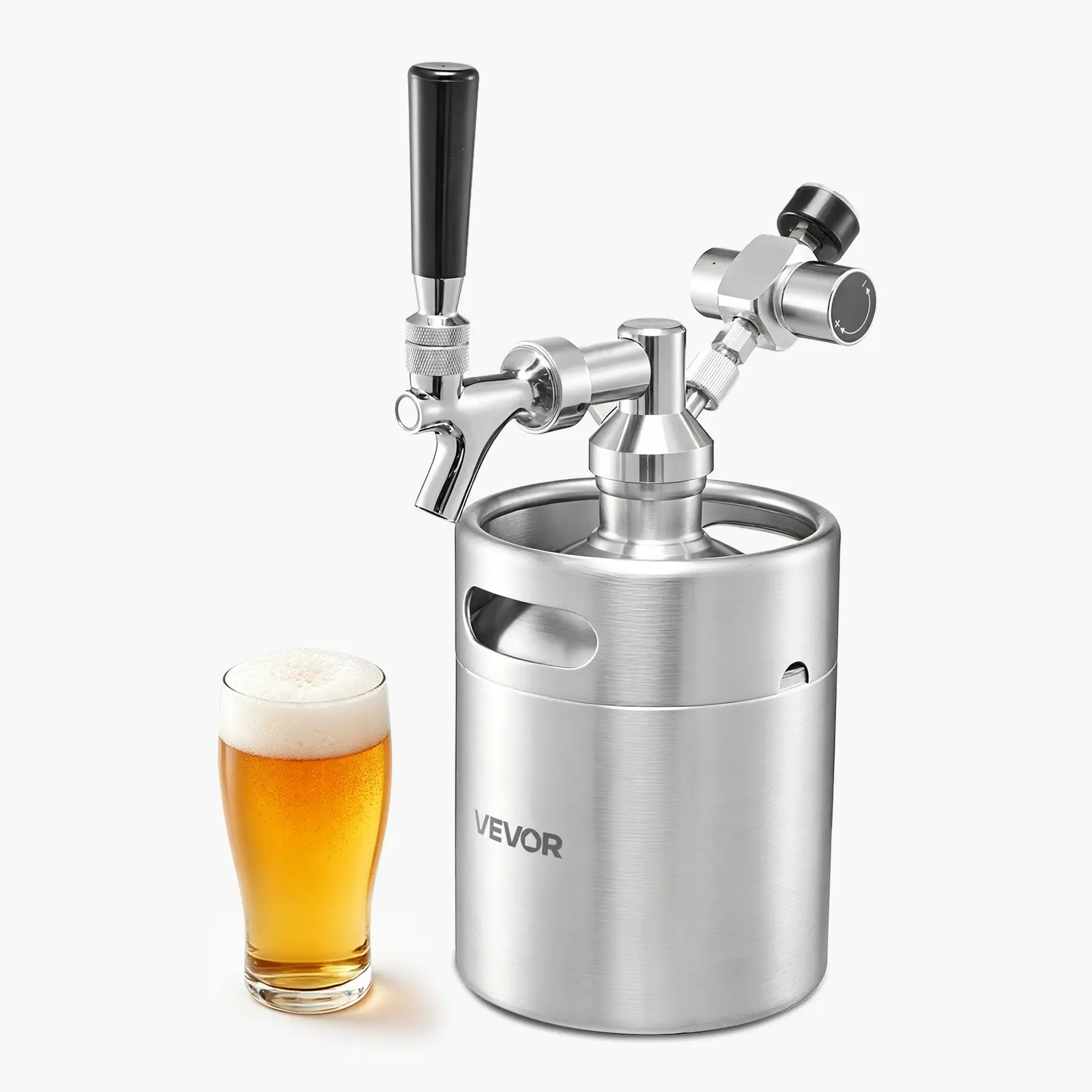 VEVOR 64oz Stainless Steel Portable Mini Keg Beer Dispenser, Pressurized Growler Tap System with CO2 Regulator, Self-Close Valve, Complete Accessories, 16g CO2 Cartridges Compatible, 3.22 Lbs/1.46 Kg, Fresh & Carbonation Lock for Homebrew, Outdoor Camping