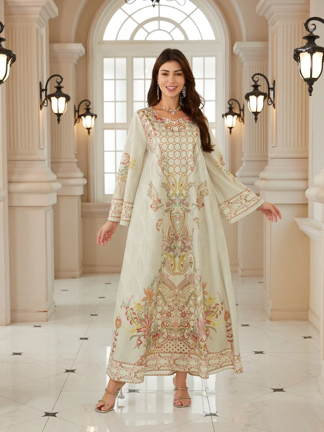 Women's Embroidered Fabric Long Sleeve New Design Bohemian Printed Rhinestone Dress, Kaftan Long Robe, Festival Evening Gown, Abayas Full Rhinestone