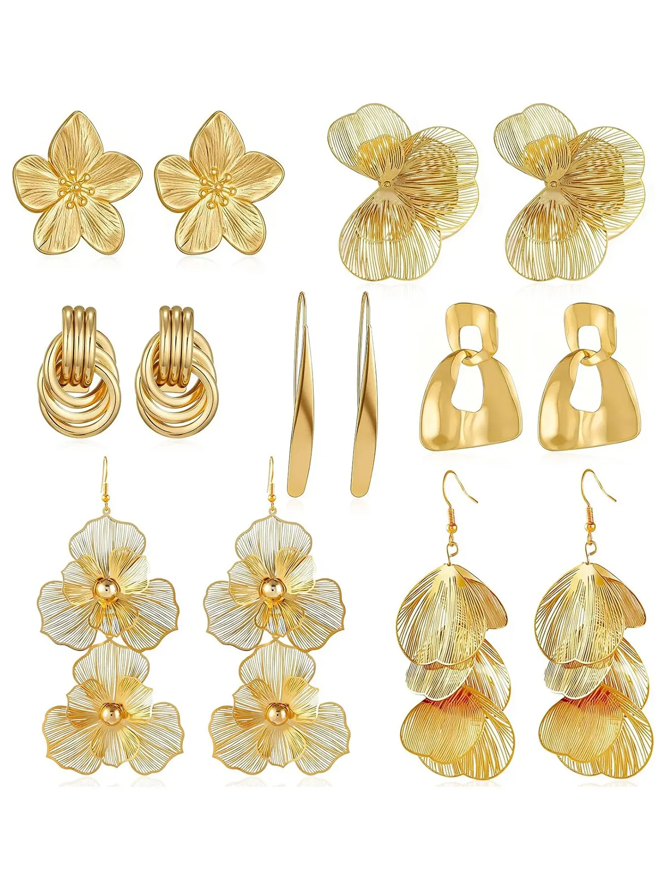 Flower Earrings Set for Women, Chunky Statement Earrings, Big Plated Dangle Flower Jewelry, Elegant Accessories for Women