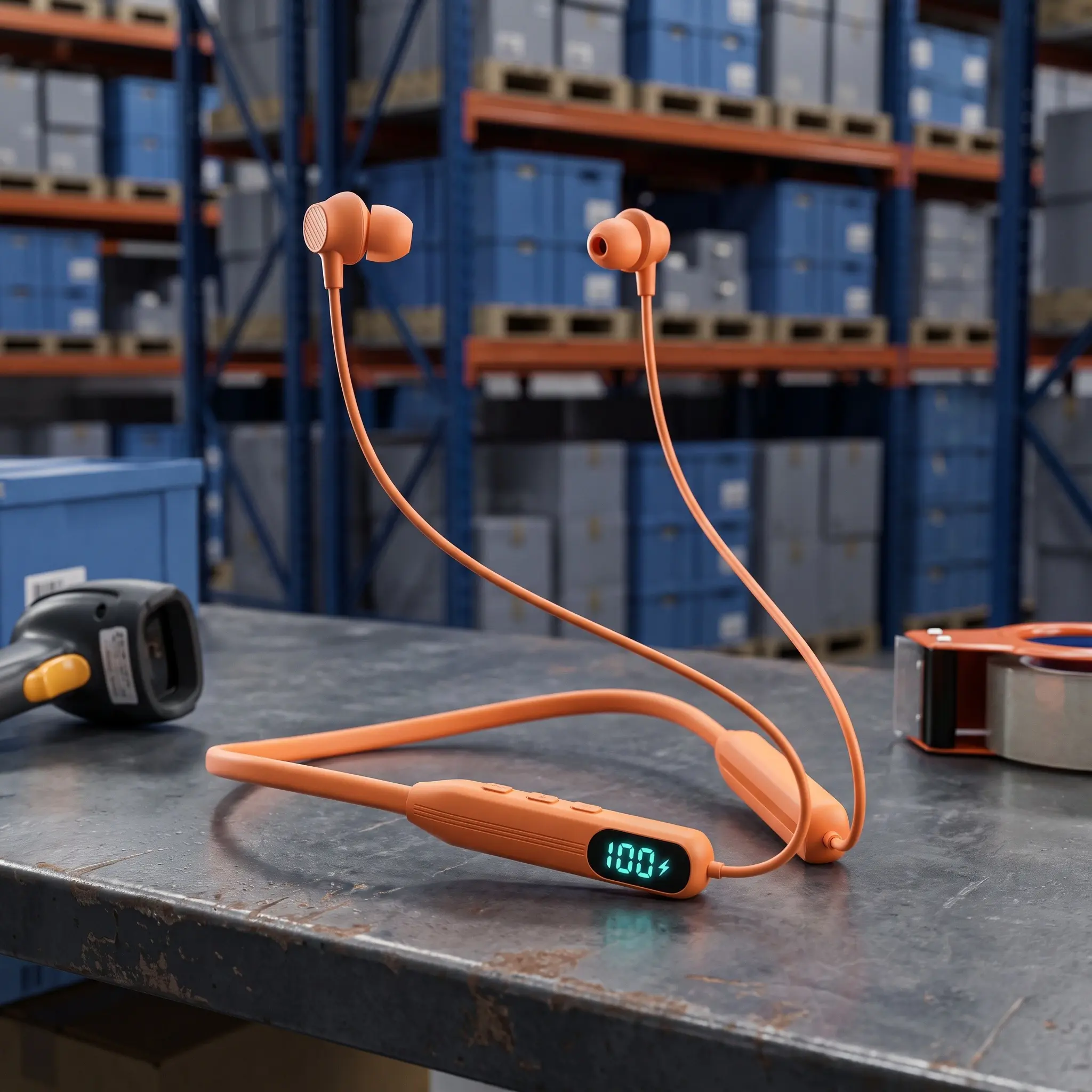 Hi Vis Bright Orange Neckband Headphones, Digital Battery Display, IPX5 Sweatproof Bluetooth Earbuds, 48 Hours Endurance, Touch Control, Dual Device Connection, Built-in Mic for Warehouse Hands Free Communication