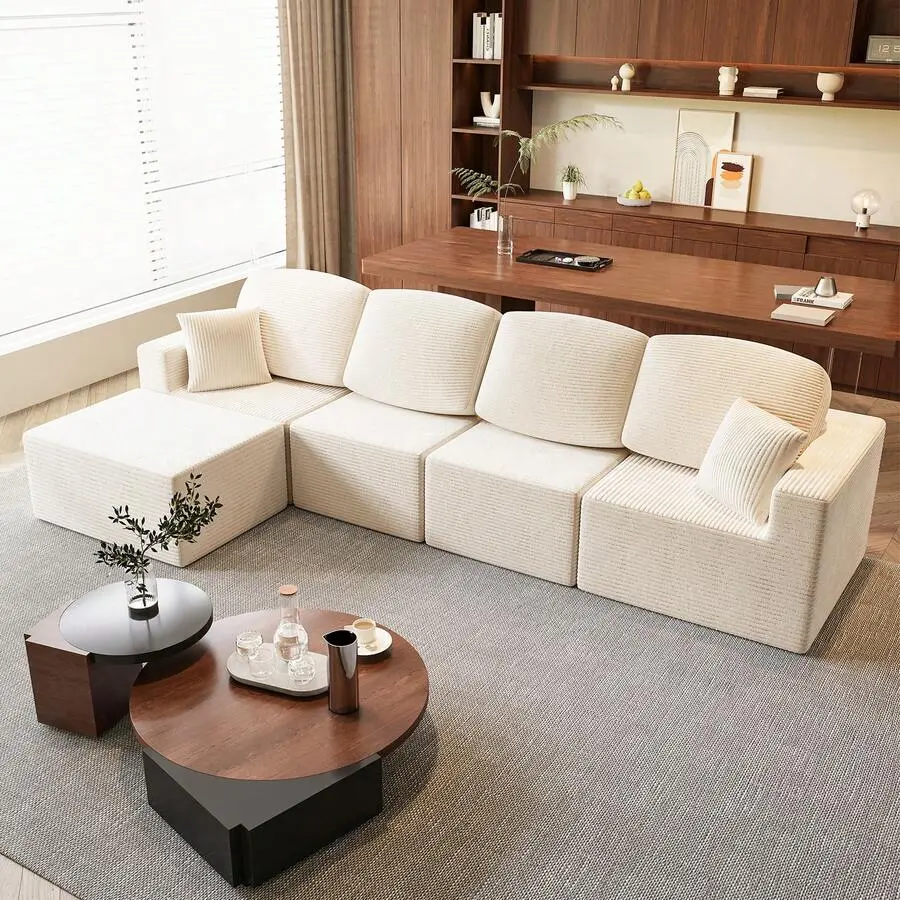 126" L-Shaped Modular Sectional Sofa With Pillows, Oversized Boneless Cloud Couch, Convertible Sleeper Corduroy Sofa Bed For Living Room, No Assembly