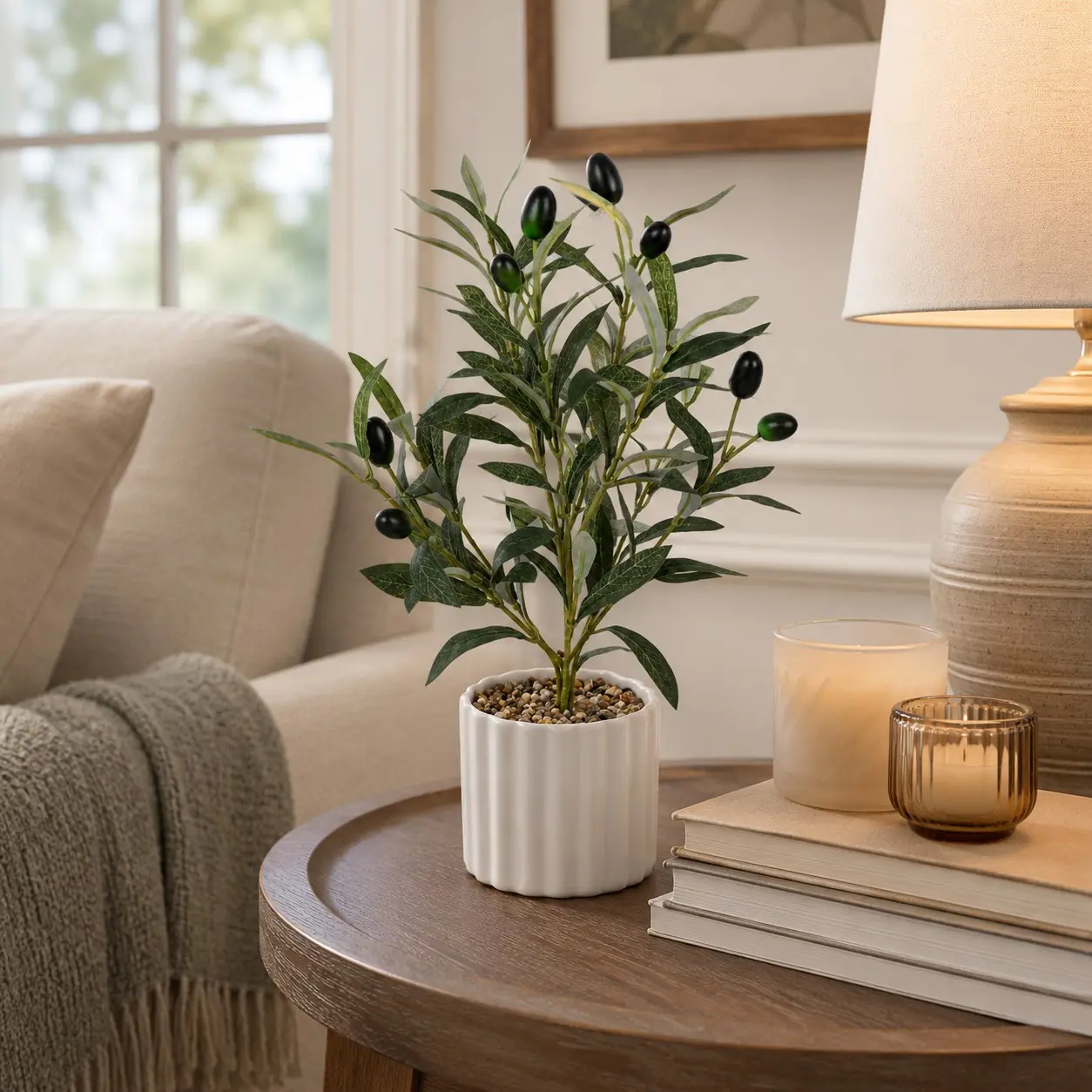 1PC Artificial Olive Tree in Pot, Realistic Faux Olive Plant with Black Olives, Fake Indoor Plants, Mini Potted Greenery for Indoor Home Office Table Shelf Decor