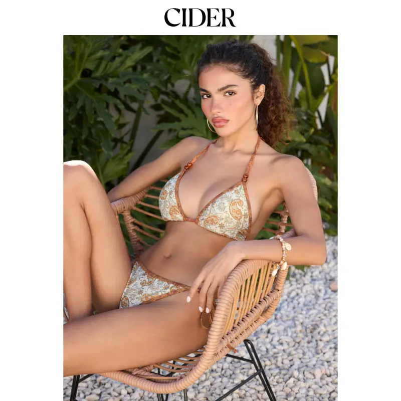 Cider V-neck Paisley Beaded Detail Triangle Bikini Set
