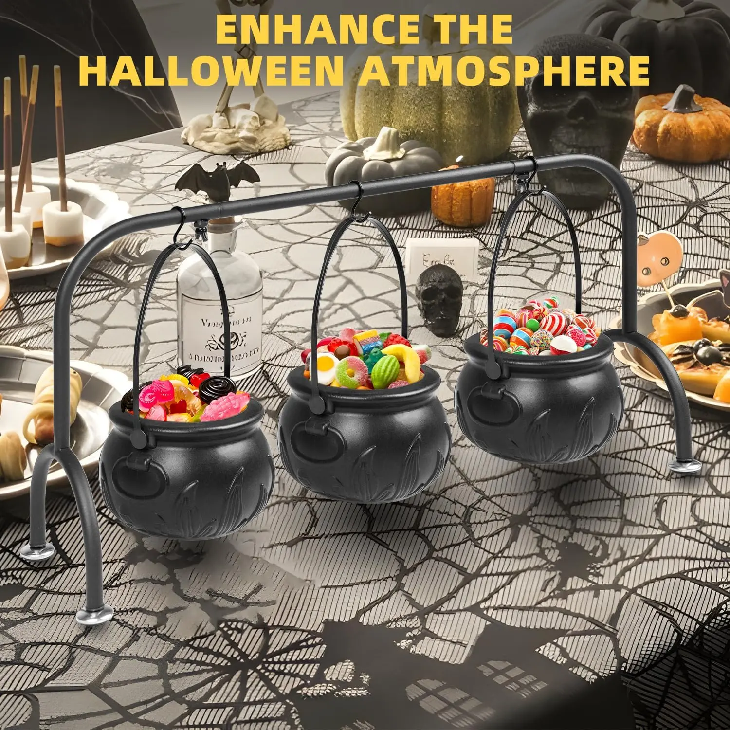 Halloween Candy Bowls, Mini Halloween Witch Jars, Set of 3 Witch Cauldron Candy Bowls with Stands, Perfect for Holding Halloween Candy, Great for Kids, Fun, Spooky, Black Plastic Candy Cauldrons, Table Decor, Halloween Party Decorations.