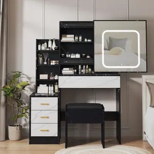 GARVEEBedroom Dresser with Electrical Outlet, 4 Drawer Storage Cabinet, Sliding Mirror, Lighting with 3 Color Patterns, Open Shelf, and Stool - Available in Multiple Colors Including Marble Black