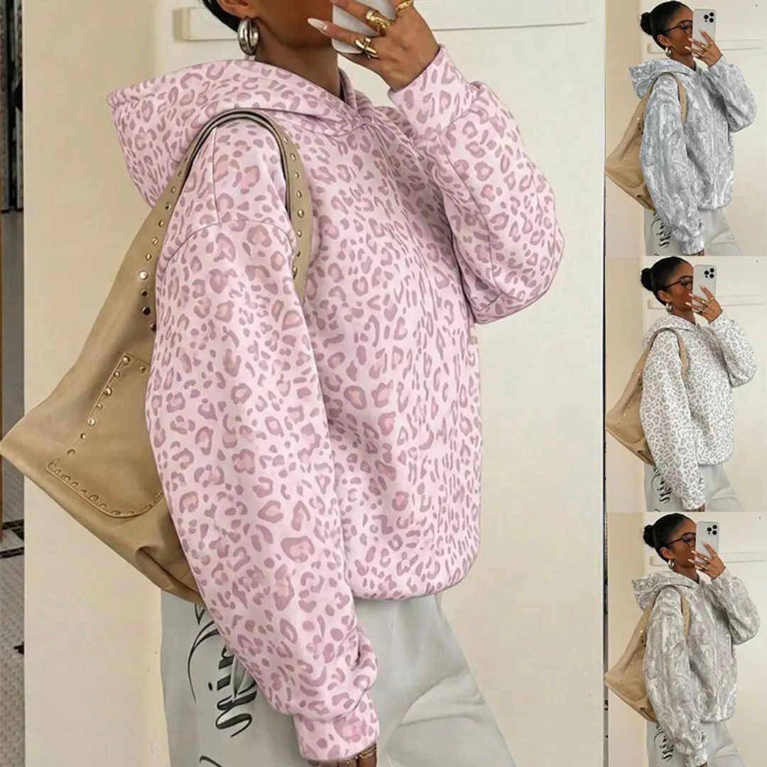 2026 Autumn and Winter Women's Hooded Pullover Leopard Print Long-sleeved Casual Sweater