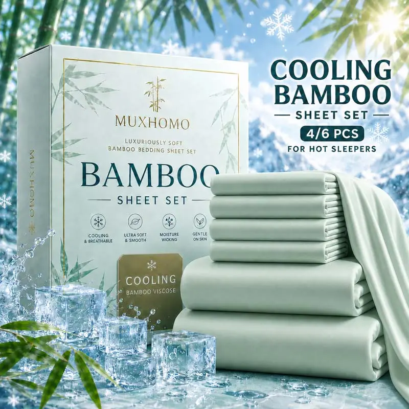 OS OMYSTYLE 4/6 Pcs Cooling Bamboo Sheet Set, Breathable Cooling with 16 Inch Deep Pocket Fitted Sheet, 360° Elastic Fit, Flat Sheet and Pillowcases, Ultra Soft Moisture-Wicking Bedding for Hot Sleepers, Perfect for Kids Bedroom, Guest Room and Home