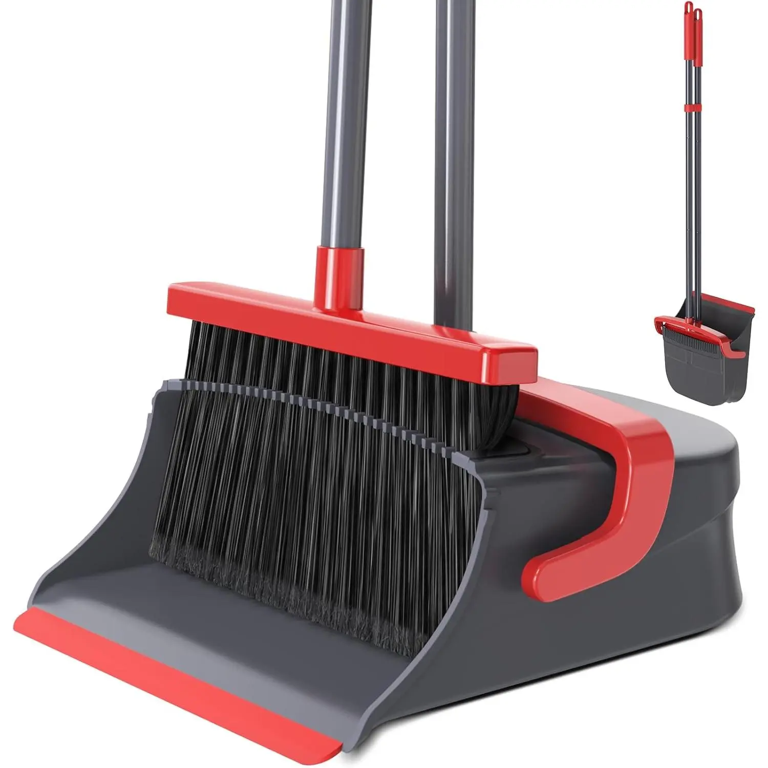 Broom with Dustpan Combo Set, Long Handle Upright Standing Self-Cleaning Broom and Dustpan Set for Pet Hair & Dust Cleanup, Indoor Outdoor Use for Home, Kitchen, Office, Red & Gray
