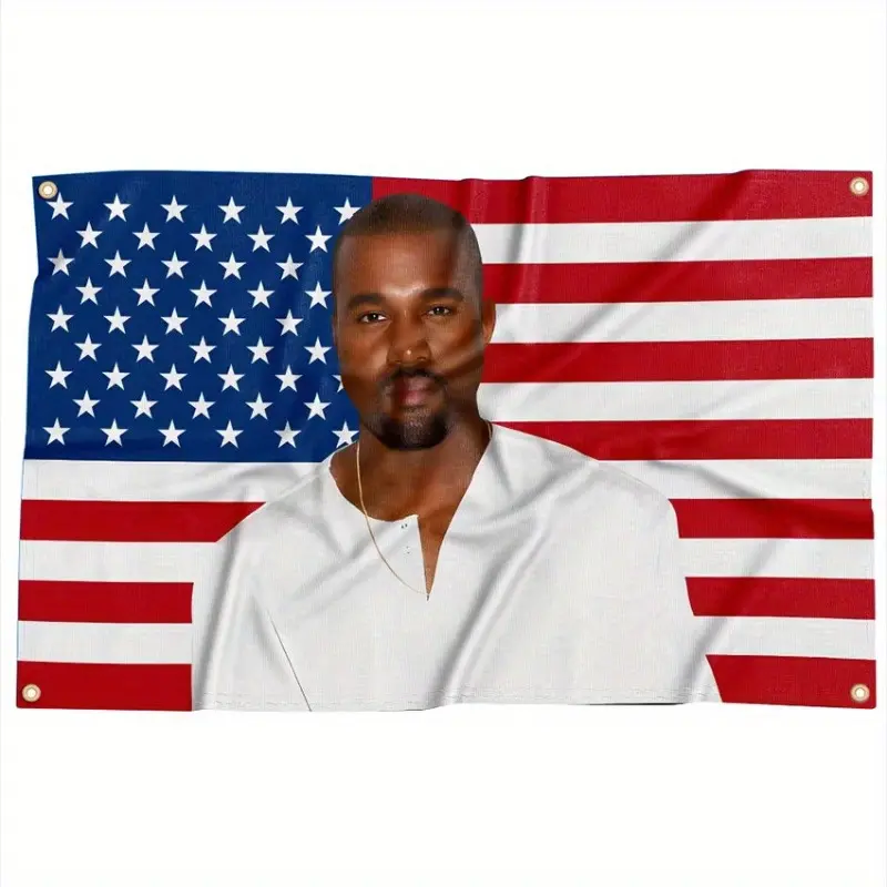 Single Piece 2D Flat Tapestry Poster of The American Flag Showcasing Rapper Kanye, Measuring 3X5 Feet, with Grommet Colors That May Differ.