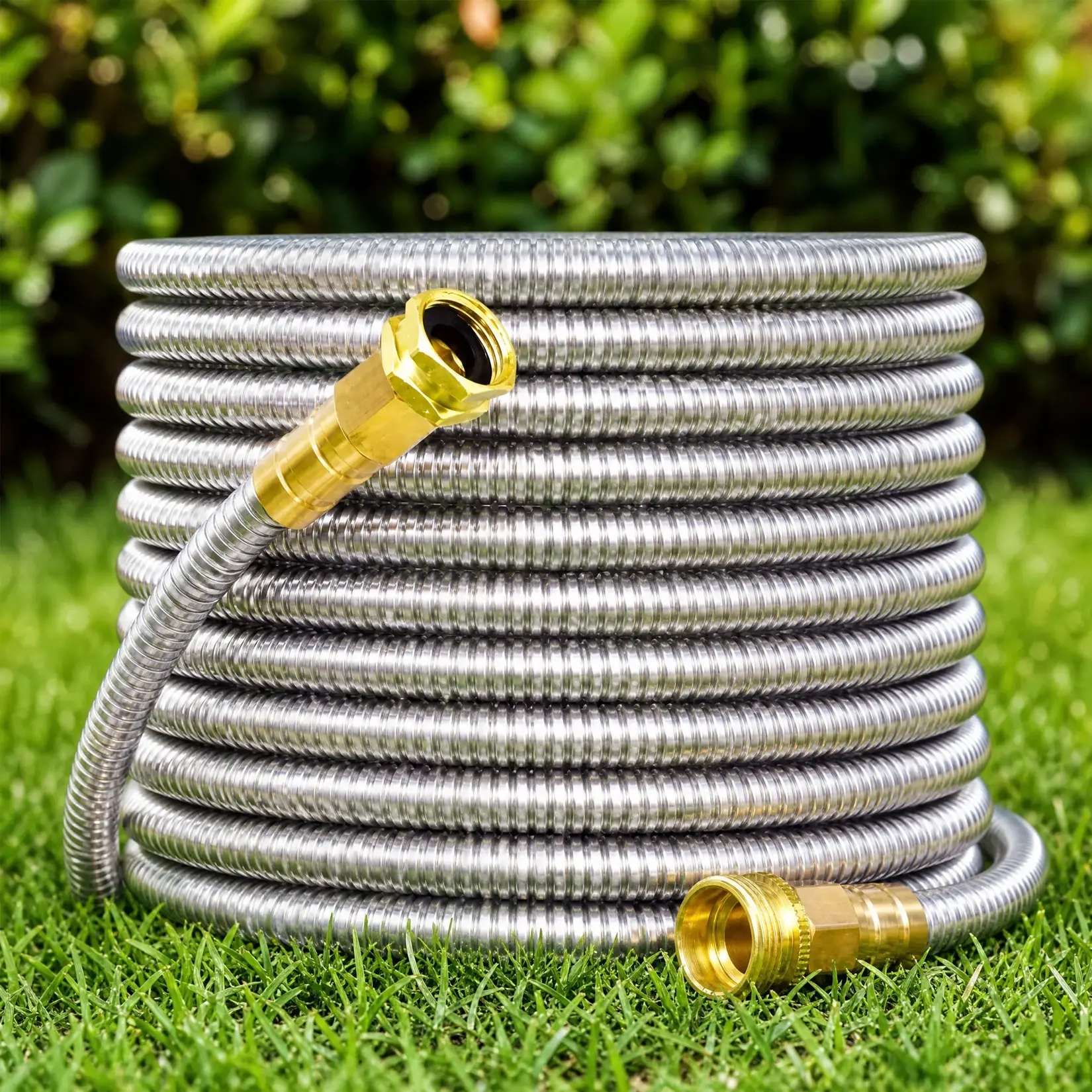 Stainless Steel Garden Hose – 25/50/75/100ft, Kink-Proof & Crush-Proof – Solid Brass Fittings, Adjustable Nozzle – for Yard/Lawn/Garden – Heavy Duty