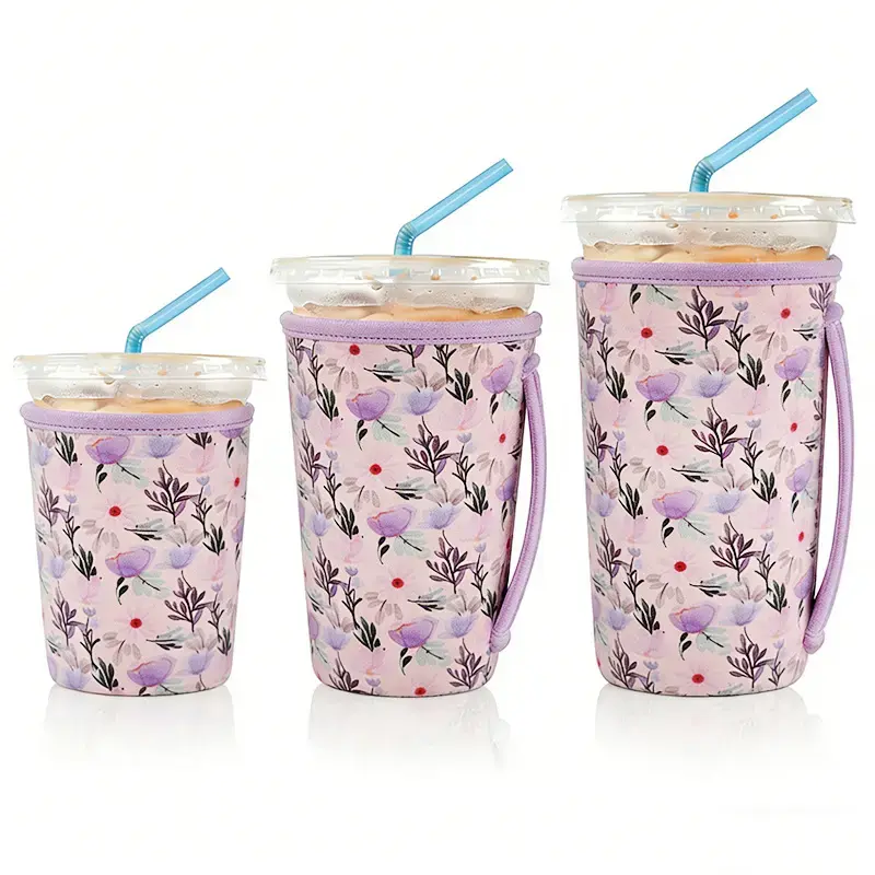 Insulating Neoprene Cup Sleeves, 3 Pack for Coffee Lovers - Reusable in Small, Medium & Large Sizes with Handles, Fits Dunkin Donuts Cups, Stops Condensation, Drinking, Drink Protectors, Washable