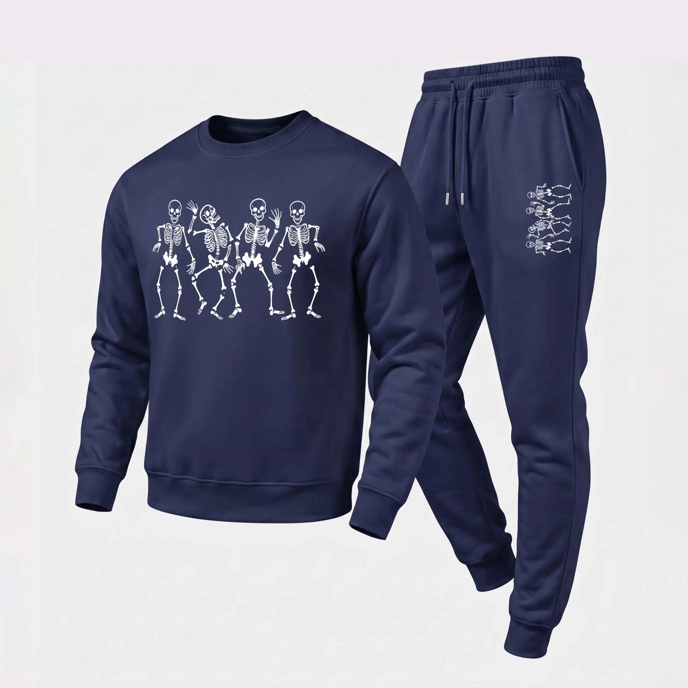 Men's 2-Piece Minimalist Skull Print Hoodie & Jogger Menswear Set - Polyester, Relaxed Fit, Breathable, Long-Sleeve Pullover, Drawstring Pants, Fall Winter Daily Lounge Wear