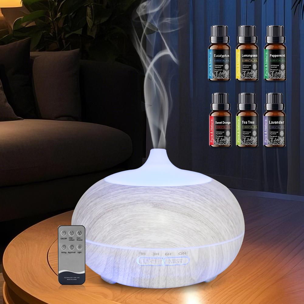 550ml Wood Grain Aromatherapy Diffuser with Remote Control, 6 Essential Oils & 7 Color LED Light, Ultrasonic Humidifier for Large Room, Anxiety Relief, Eco-Friendly PP Material, Perfect Gift for Meditation & Relaxation