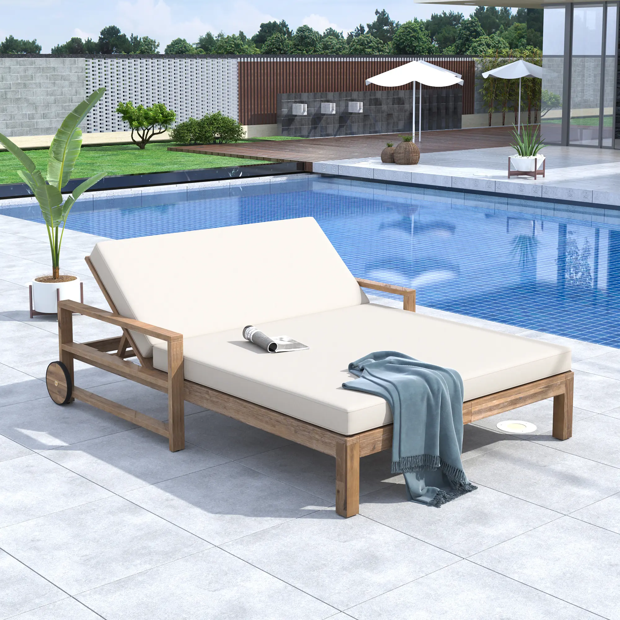 Nokaa TREXM 1-Piece Farmhouse Solid Acacia Wood Outdoor Sunbed Daybed for 2 People, Beige Finish, Solid Wood Furniture, Poolside Garden Lounge Furniture, Multiple Options Available, For Two People