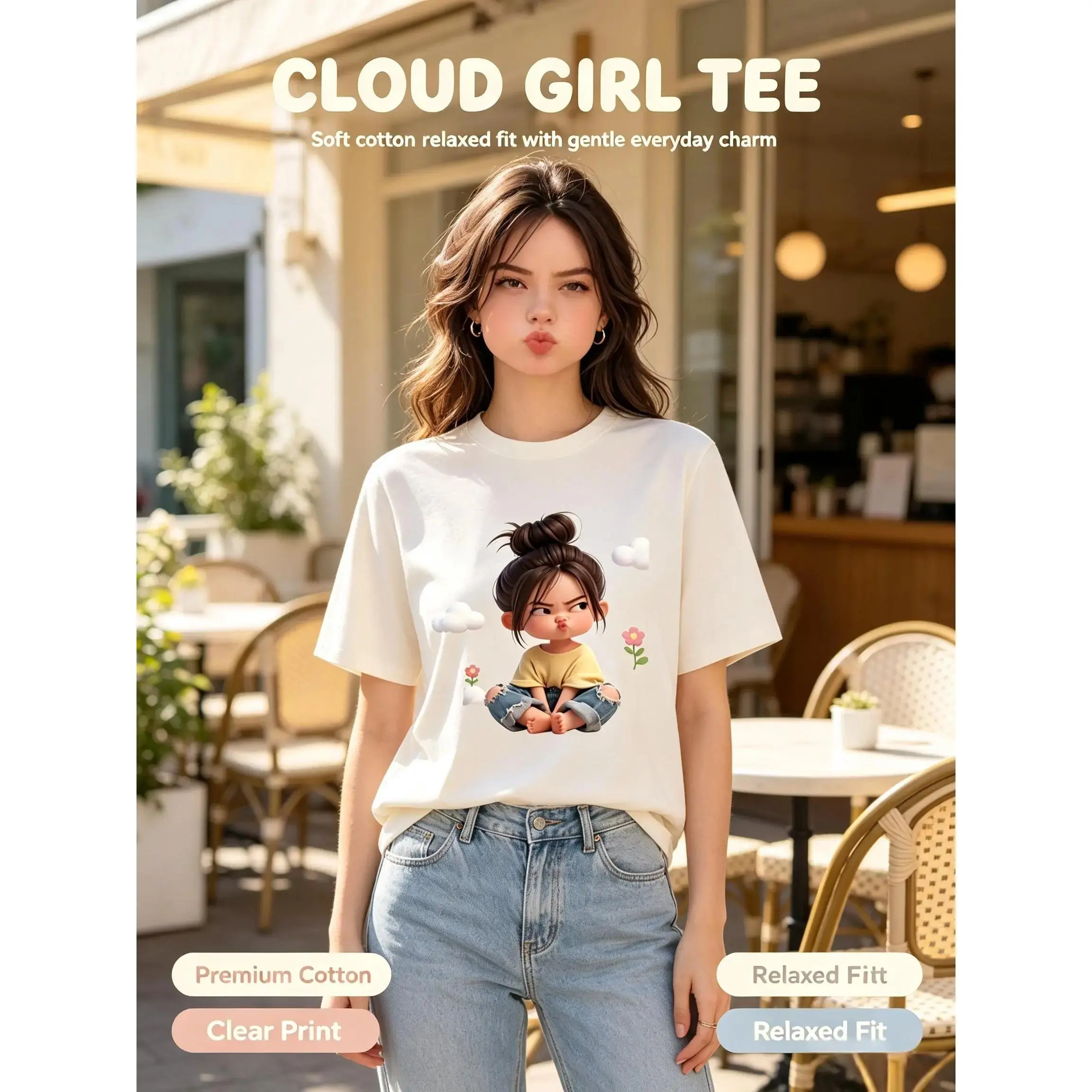 Women's Premium Cartoon Girl & Clouds Graphic T-Shirt - Short Sleeve Crewneck, Fitted, Elastic, Comfortable, Blush Pink Aesthetic, Lady Casual Girly Tops, Valentine's Day Colorful Cartoon Style Beach Tee
