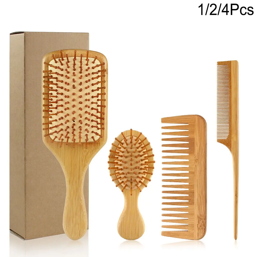Family Bamboo Brush and Comb Set, Natural Bamboo Wide Tooth Brush and Tail Comb, Ideal for Dry and Wet Hair Styling, Comb Type