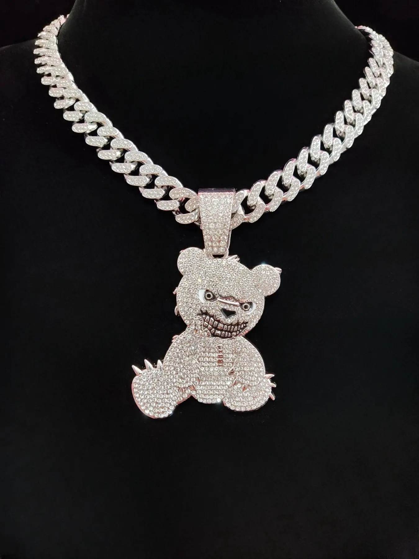 Men Hip Hop Vintage Bear Pendant Necklace, Costume Necklaces, Full Iced Out Bling Bling Cuban Link Chain Stree Style Punk Rapper Jewelry