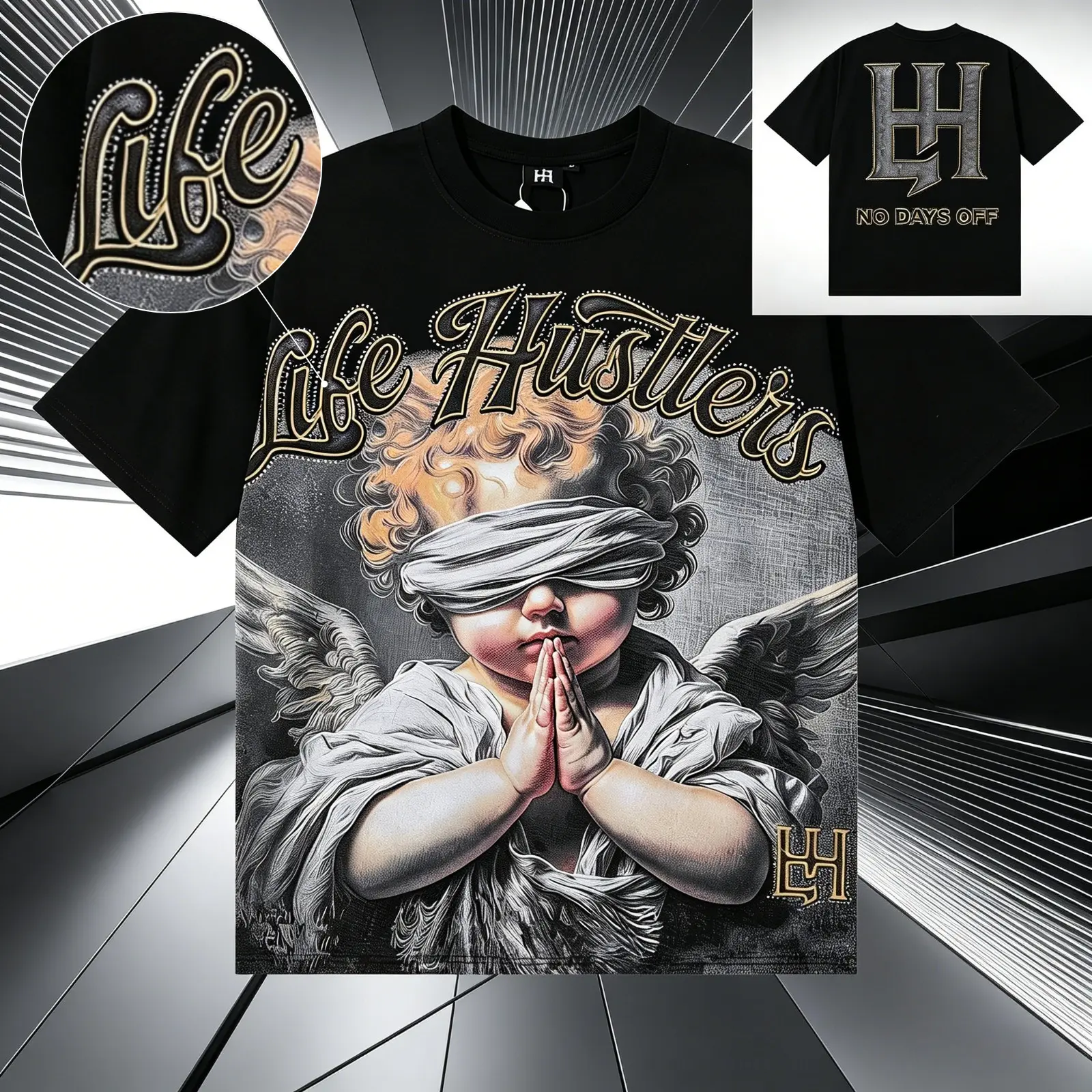 Masked Angel Shooting Arrows Diamond Cotton Short Sleeve T-Shirt Life Hustlers Men Women Crew Neck Oversized Loose Fit Summer Streetwear Y2K Aesthetic Graphic Tee Hip Hop Vintage Urban Skate Casual Fashion Top Viral Gift S-XL