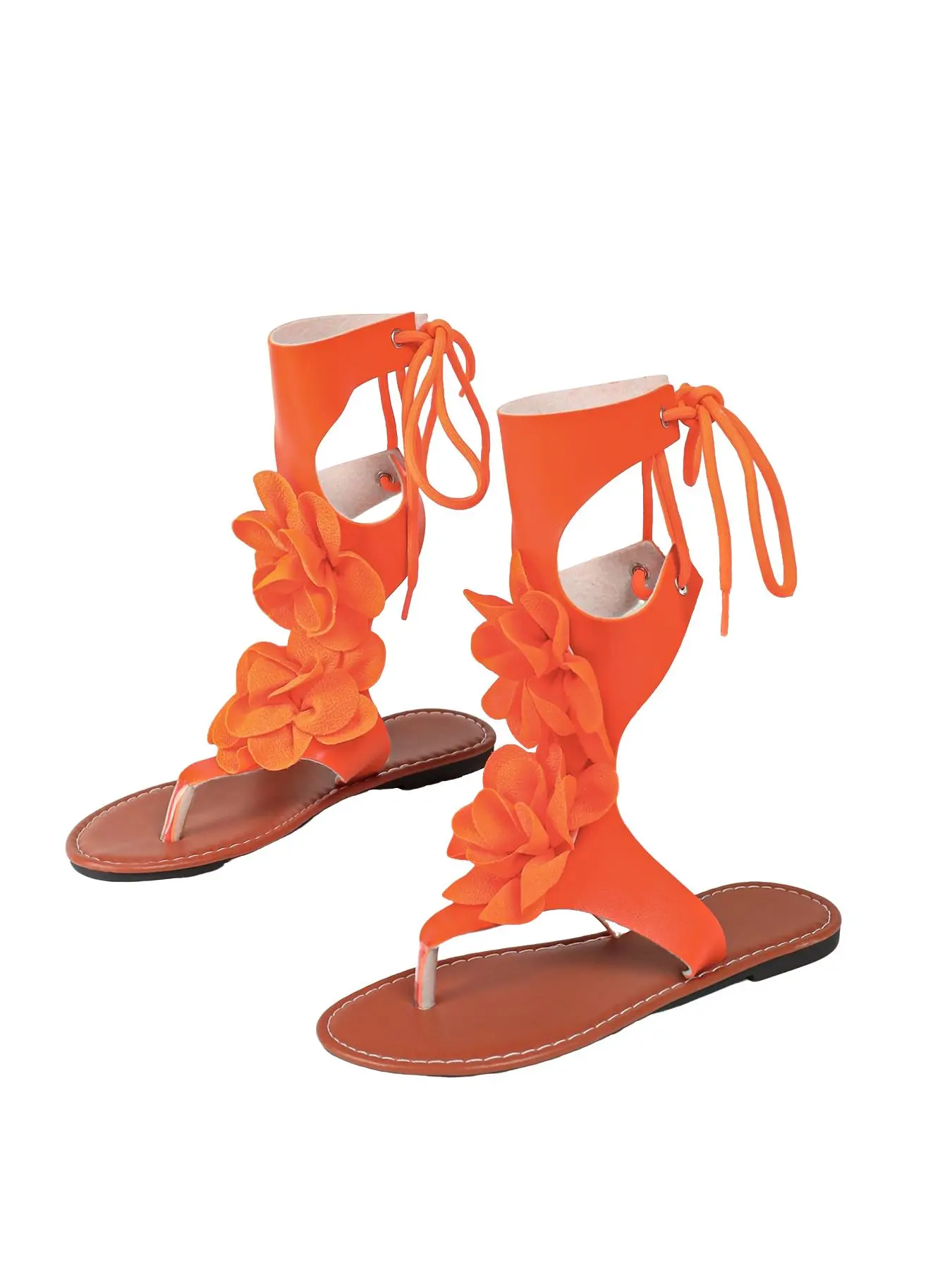 Women's Bohemian Flower Flat Roman Strap Open-Toe Comfortable Soft Rubber Sole Sandals, Summer Beach Vacation Shoes, Comfy Flat Sandals