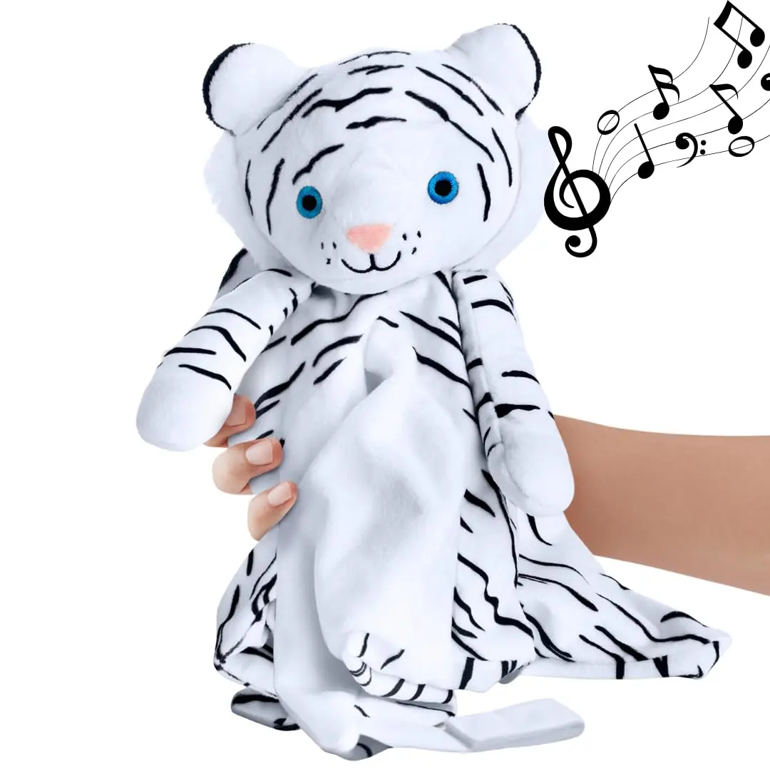 Unisex Baby 4-in-1 Lullaby Sleep Soother Toy - Portable Sound Machine, Stuffed White Tiger Lovey, Pacifier Holder, Heartbeat White Noise & Music, Security Hold, Prop 65 Safe Sleep Aid (0-3 Years)
