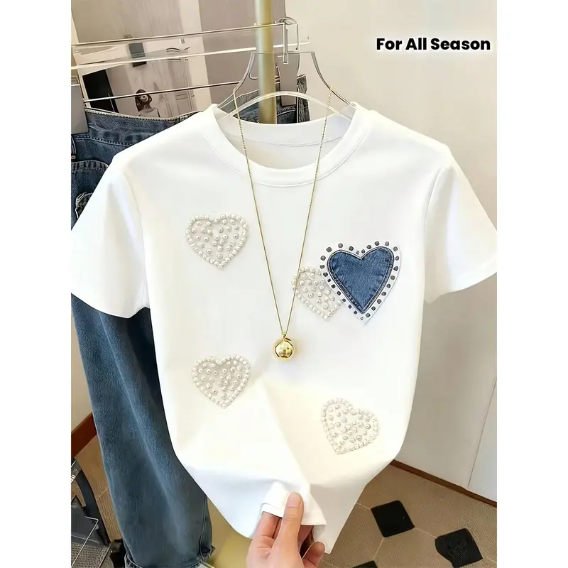 Women's Tops Cartoon Pearl Heart Pattern Print, Slim Fit Comfortable, Suitable For All Seasons, Suitable For Daily Commuting Women's Casual T-Shirt Lo