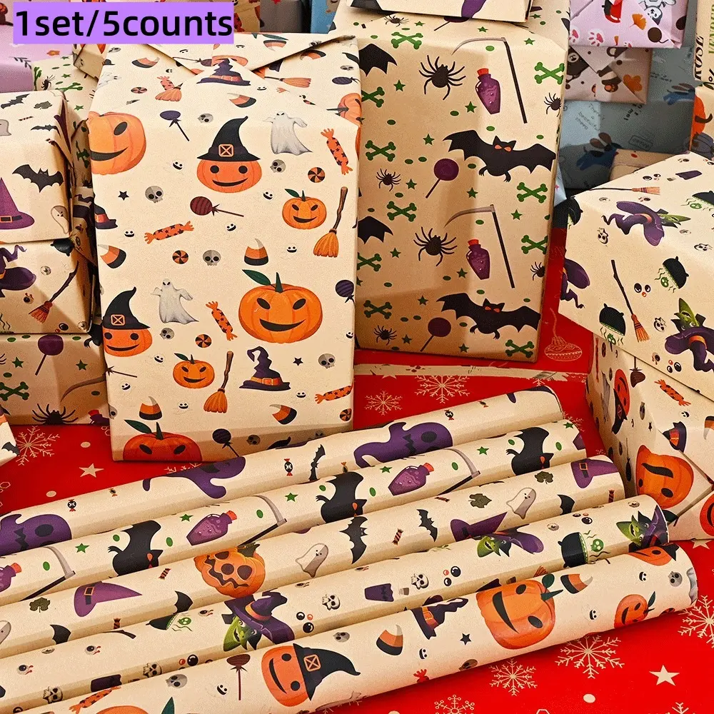 5 Piece Halloween Gift Wrapping Paper Set, Pumpkin Bat Witch Ghost Design, Ideal for Gift Decoration, Bouquet Packaging, Party Occasions