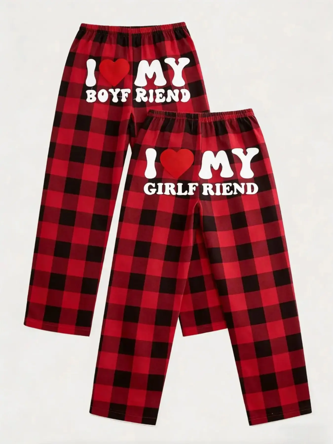 I Love My Boyfriend/Girlfriend Plaid Matching Pajama Pants Set, Breathable Elastic High Waist Loungewear, TikTok Couple Sleep Pants, Streetwear Plaid Bottoms, Cozy Homewear, Red & Green Plaid, Casual Home Nightwear