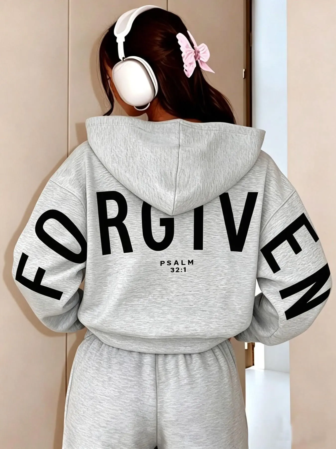 Women's Viral "Forgiven" Christian Hoodie, Psalm 32:1 Graphic Thick Fleece Oversized Sweatshirt, Faith Based Warm Pullover For Everyday Fall Winter Casual Wear