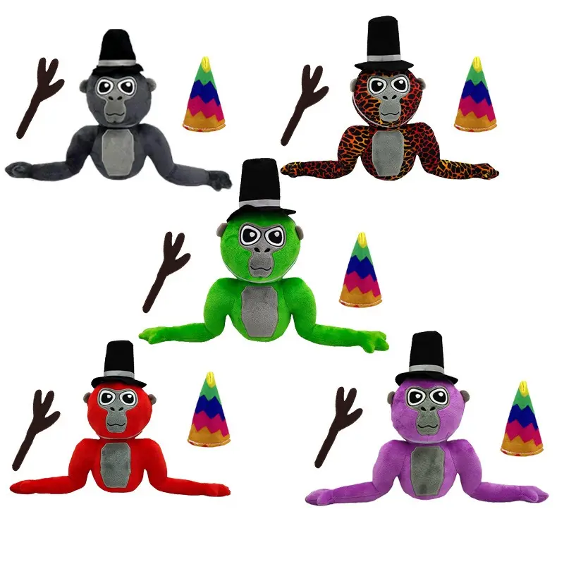 5 Colors Gorilla Tag Plush Toy, Monkey Stuffed Doll With Detachable Top Hat, Party Hat & Branch Accessory, Soft Short Plush Game Character Decor Gift For Kids Birthday Christmas Cross-Border Wholesale