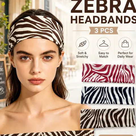 3PCS Zebra Print for Women, Wide Elastic Non-Slip Sweat-Wicking Sports Headbands for Yoga, Running, Fitness, Gym Workouts and Daily Exercise