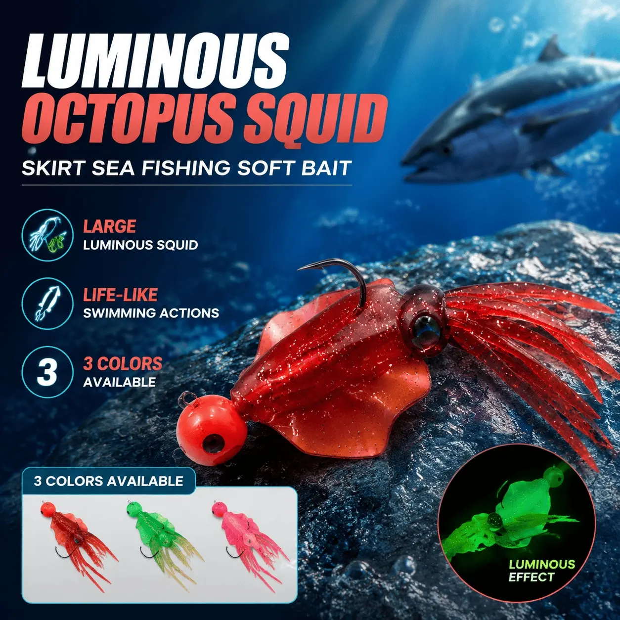 Glow in the Dark Multi-Soft Fishing Lures, 3-Level Brightness Adjustable Bait with TPR Material, Octopus/Squid Skirt Design, 130mm Deep Sea Gradient Color Lure Set, Anti-Tangle Guides for Boat, Raft & Rock Fishing