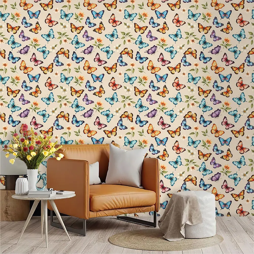 Vintage Watercolor Butterfly Floral Wallpaper, PVC Adhesive Backing, Mould-Proof, Ideal for Kitchen/living Room/bedroom Decor