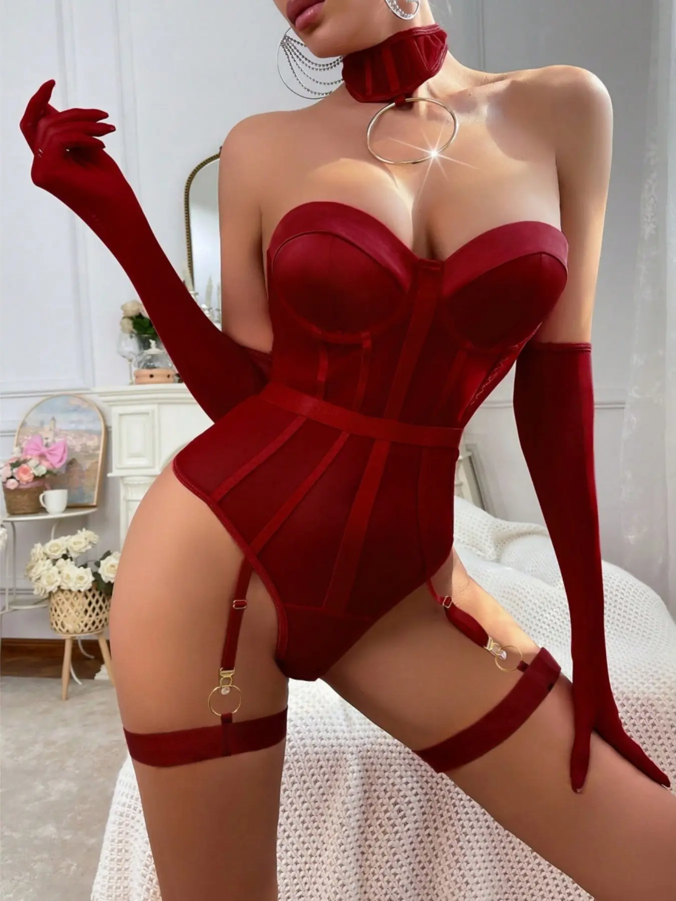 Plus Size Sexy Bustier Shaping Bodysuit Lingerie Set with Choker and Garter Leg Rings, Sheer Mesh Corset Teddy Lingerie for Women