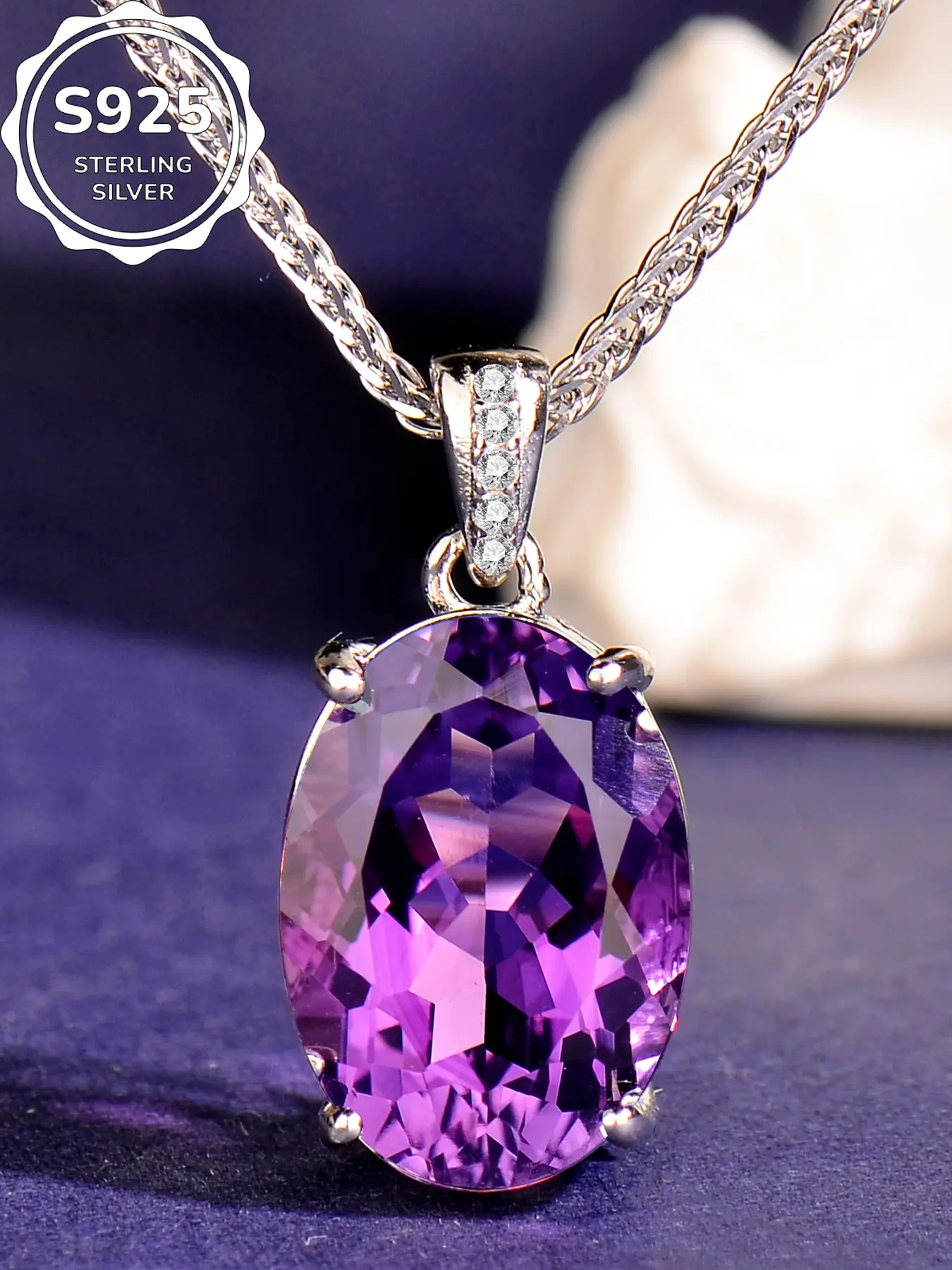 Amethyst Pendant Necklace, Sterling Silver Inlay Natural Crystal, Fashionable Elegant Simple Versatile High-End Holiday Gift