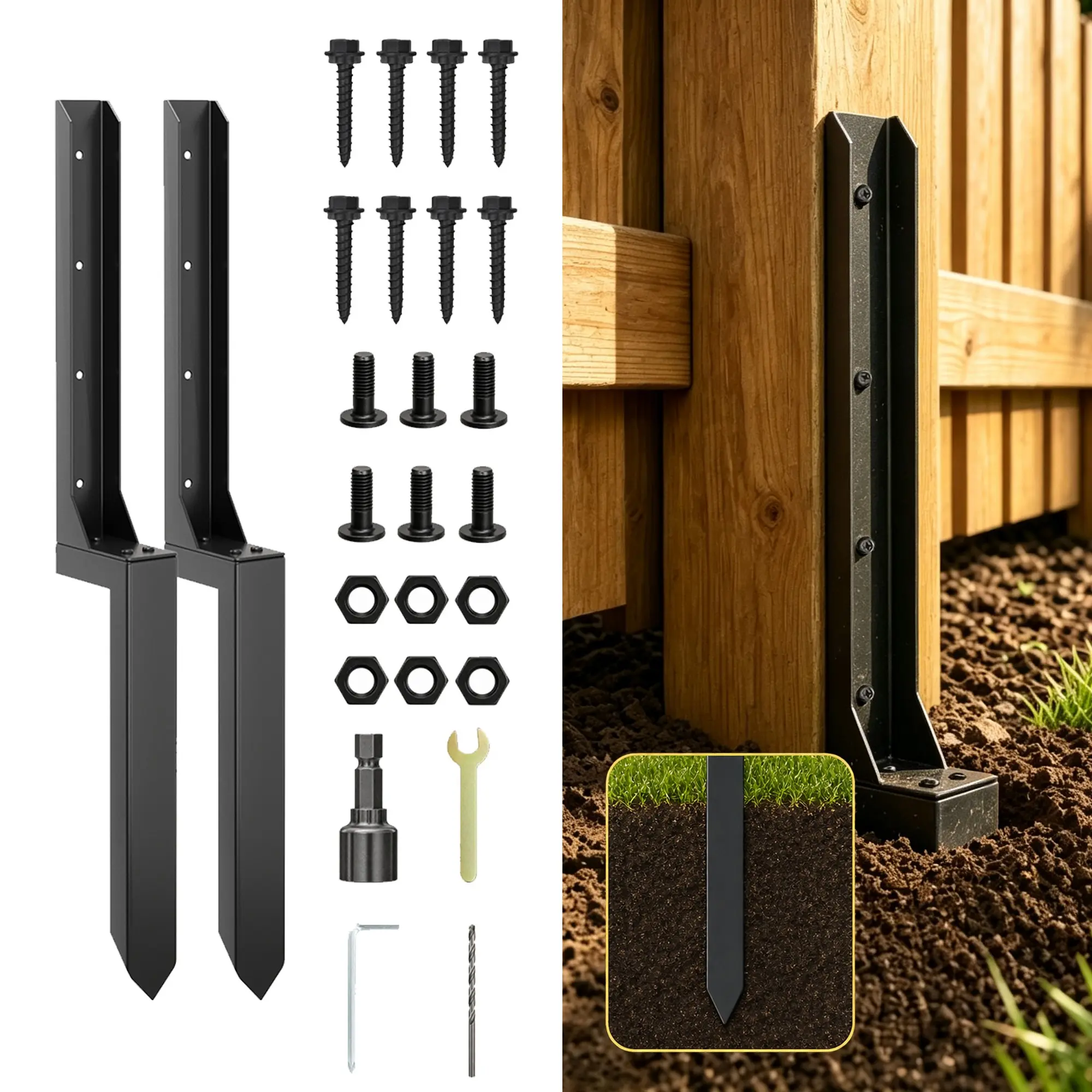 Fence Repair Anchor Kit, Metal Reinforcement Tool Set, Ground Stake Insert, Post Anchor Hardware for Fence Maintenance