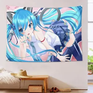 Starry Blue Hatsune Miku Anime Tapestry Wall Art, Japanese Girl Wall Hanging Banner, Gamer Room Aesthetic Decor, Kawaii Otaku Dormitory Background Cloth
