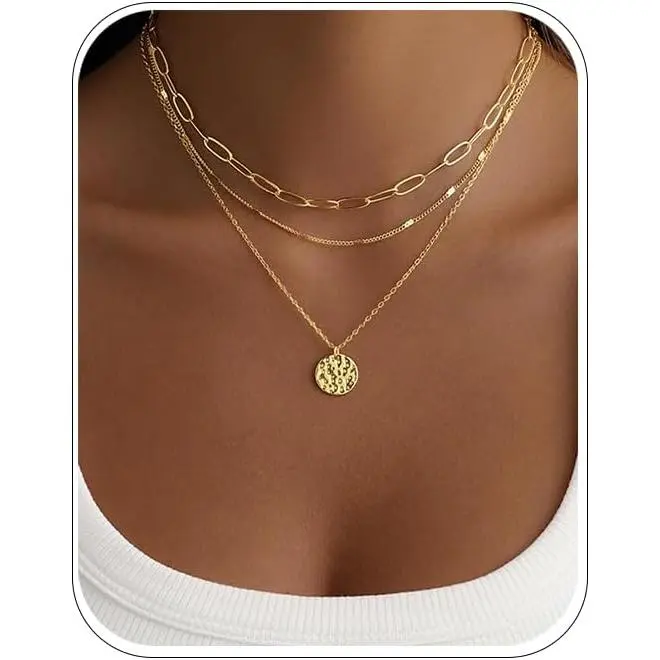 Layered Gold Necklace for Women, 14K Gold Plated Necklace Stack for Women, Dainty Adjustable Gold Necklace Set