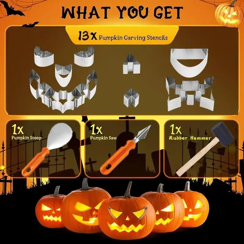 13-Piece Stainless Steel Halloween Pumpkin Carving Tool Set, Includes 13 Unique Templates, Perfect for DIY Jack O' Lanterns, Ideal for Halloween Party Decorations