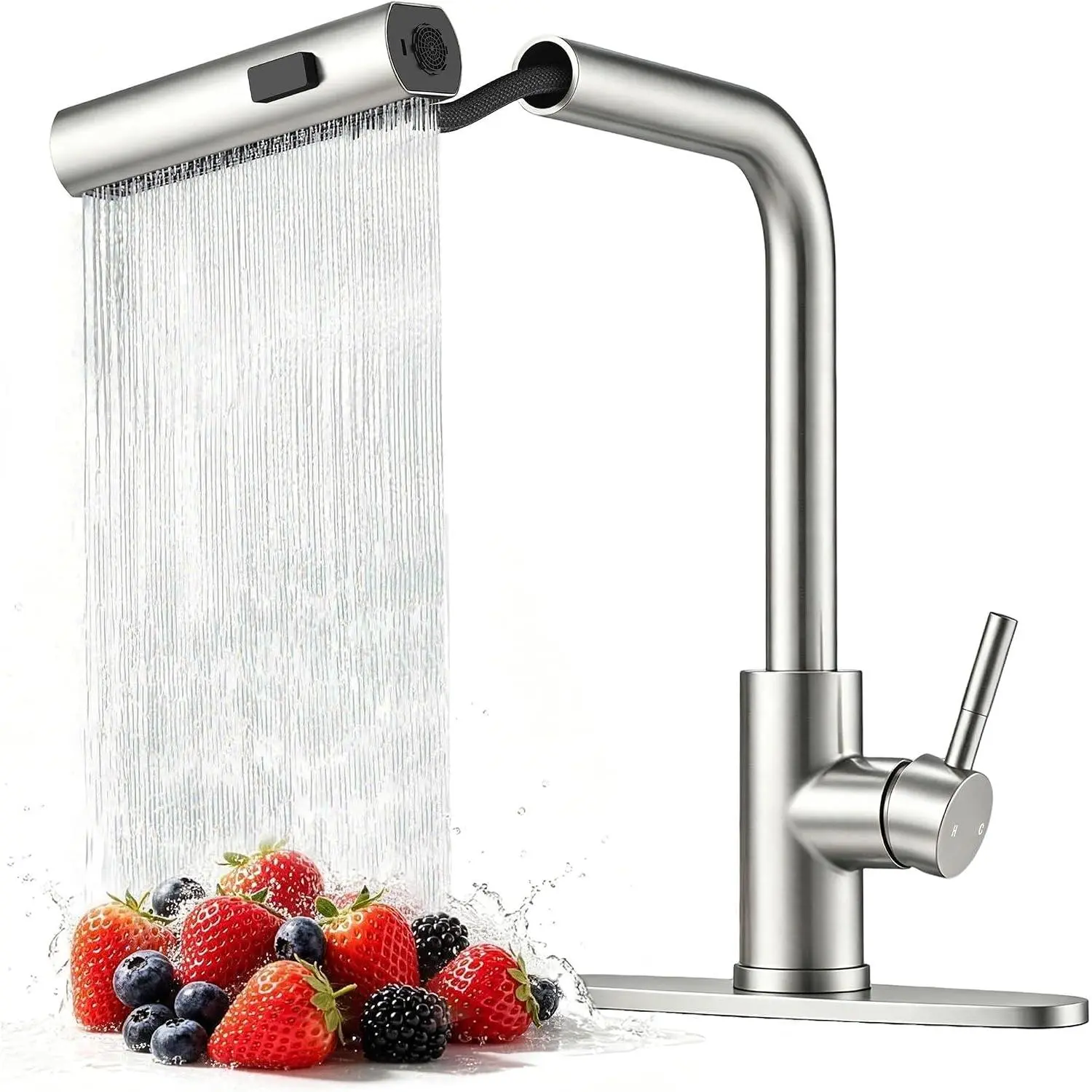 Waterfall Kitchen Sink Faucet with Pull Down Sprayer, 3 Modes(Sweep/Stream/Waterfall) Rotary  Stainless Steel Commercial Modern Faucet for Kitchen Sink Single Handle Brushed Nickel Sink Fuacet
