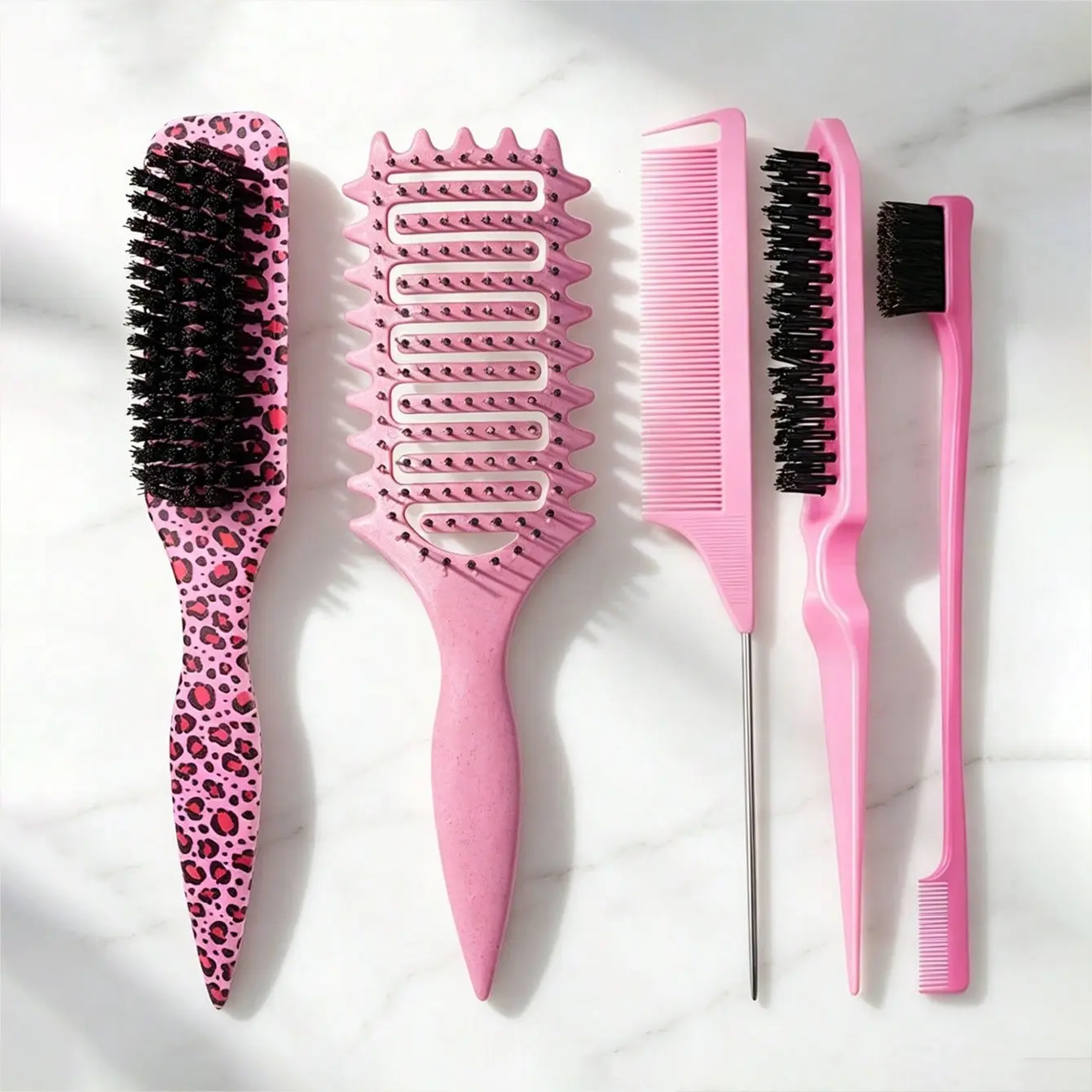 5-Piece Hollow Out Elastic Massage Comb Set, Long Handle Cleaning Brush, Leopard Print Hairbrush, Essential for School, Travel, Vacation