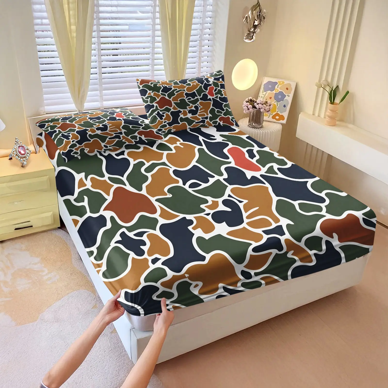 3Pcs Multi-Color Unique Camo Fitted Sheet Set, Stretchy Non-Slip, Washable Bedding for Trend Fans Dorm Home (No Fillers, No Pillow Inserts)