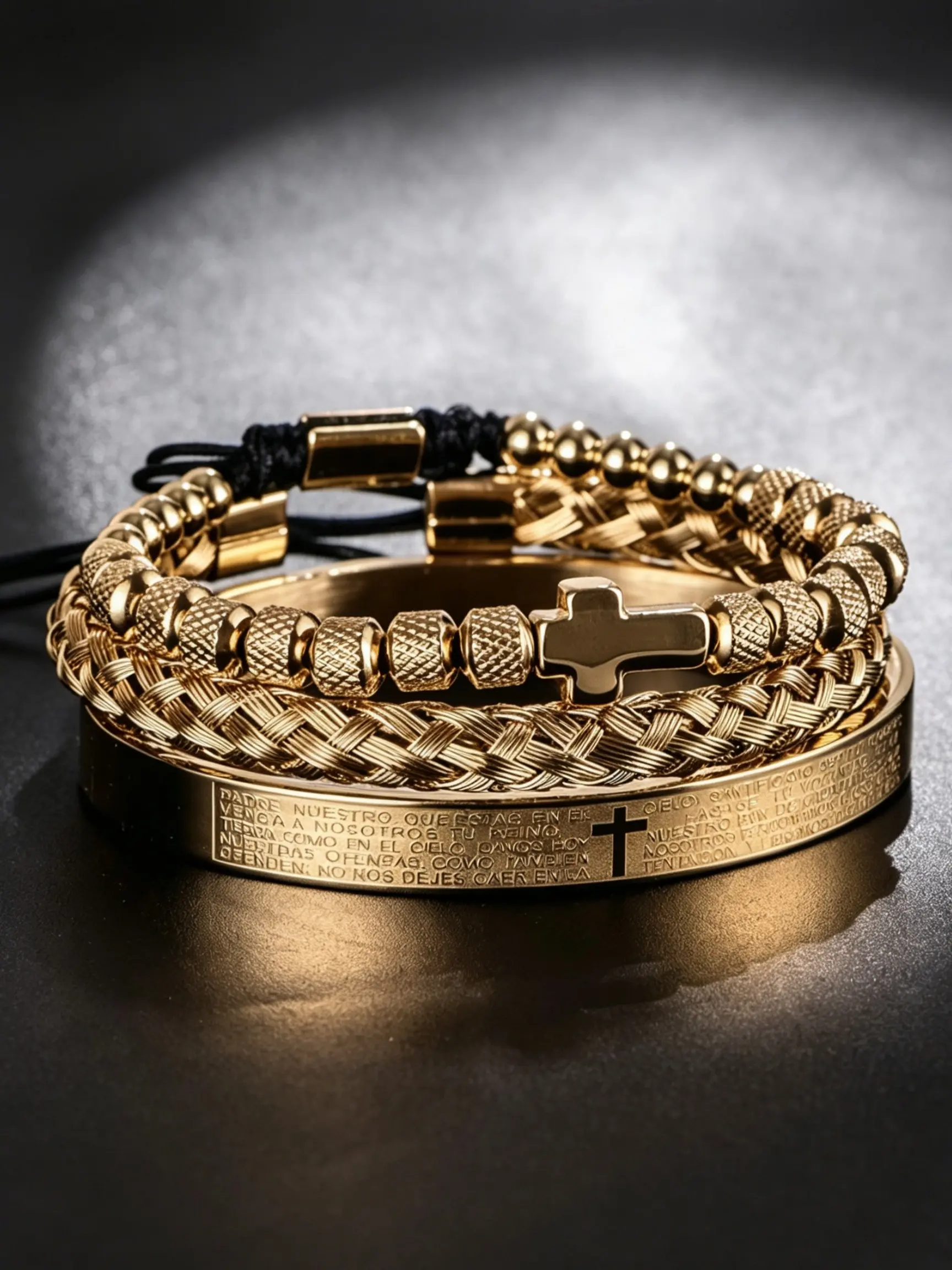 3pcs Luxury Layered Bracelet Set Stainless Steel Beaded Bracelets, Cross Design Men's Jewelry, Spanish Text Engraved, Elegant & Stylish Accessory