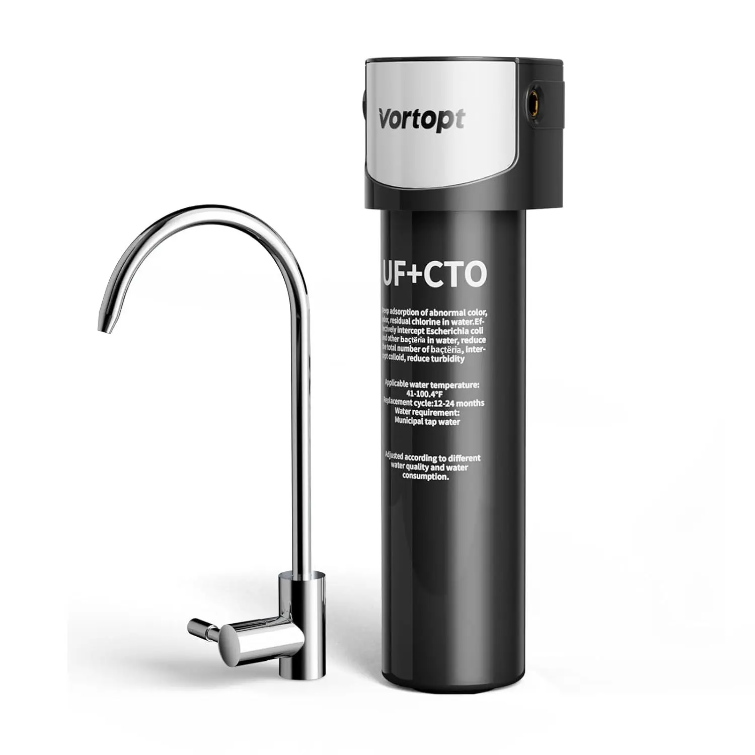 VORTOPT Under Sink Water Filter System, 24,000-Gallon Capacity & 16" H Saves Space, Flow Rate Under-Counter Water Filter Directly Connects to Kitchen Faucet, Reduces Chlorine, Lead, Bad Taste & Odor (Black-Q6-UF-24000 GAL)