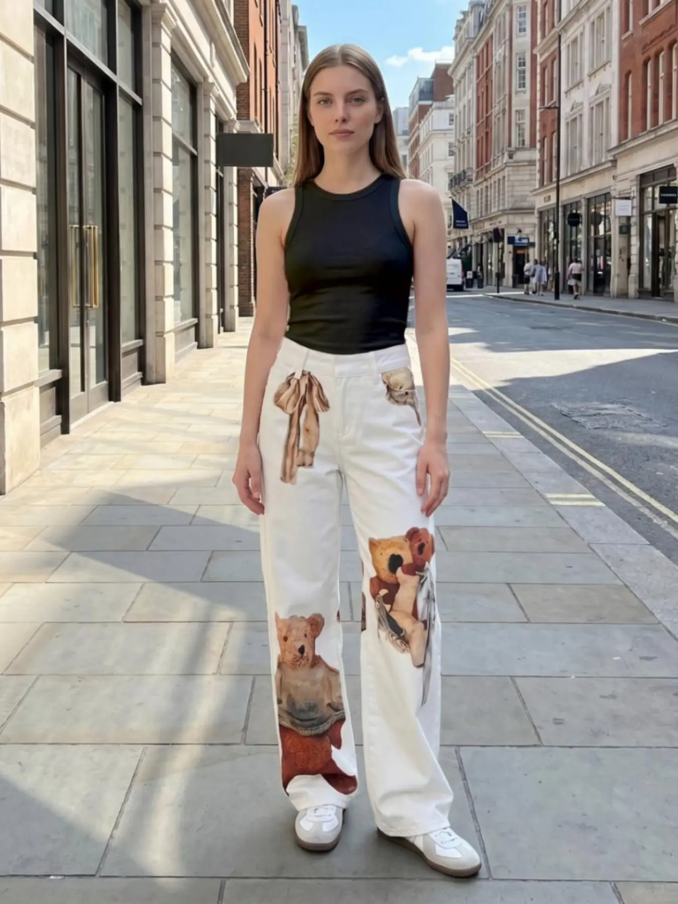 American Retro Teddy Bear Print Wide Leg Jeans, High Waist Loose Fit Straight Leg Pants, Cartoon Pattern, All Seasons