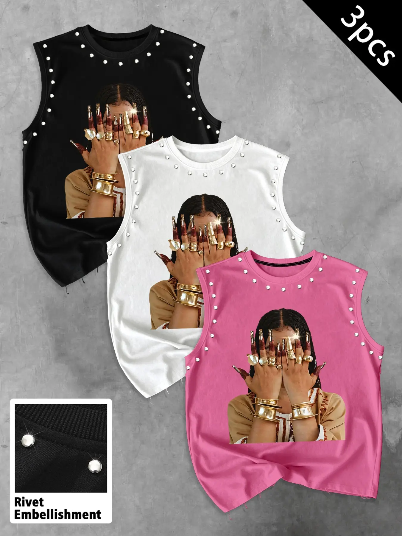 Men's Casual Sleeveless Vest 3-Piece Set, Rivet Embellished, Asymmetrical Graphic Print, Trendy Streetwear for Livehouse Style
