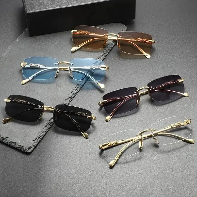 Unisex Frameless Sports Sunglasses - Retro Rectangle Square, Borderless Metal Temple Shades, Trendy Chic Fashion Eyewear for Women and Men, Sunglasses For Women, Men's Sunglasses,camping essentials