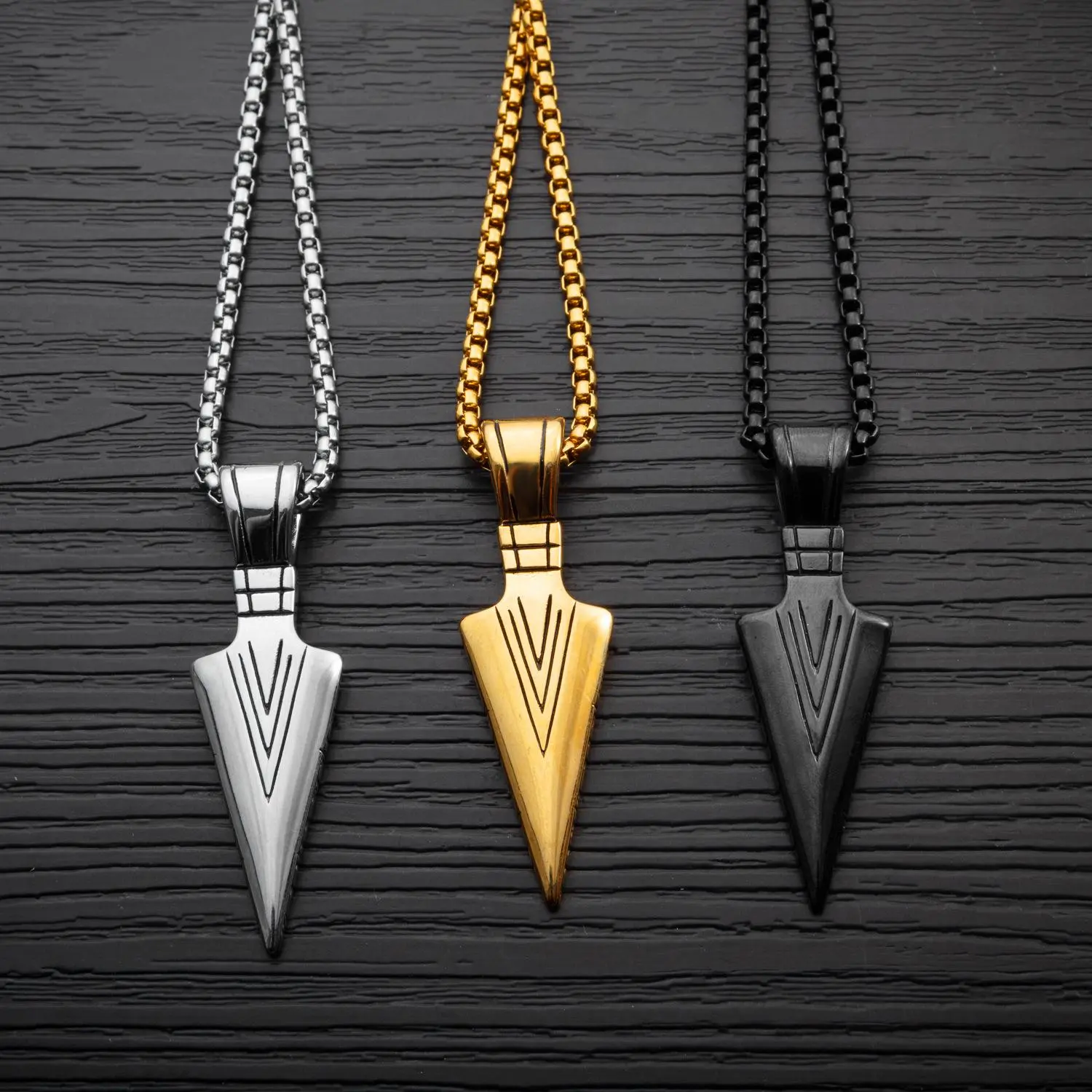 Viking Arrowhead Pendant Necklace for Men in Stainless Steel, Geometric Casual Jewelry with 21.6" Bold Box Chain, Hypoallergenic for Outdoor Activities, Long, Chain & Link, Masculine Accessory, Nordic Streetwear, Durable Fashion Accessory